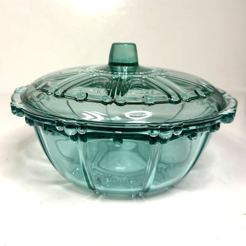 Vntg KIG Indonesia Turquoise Blue Glass Candy Dish Lid Oyster Pearl Cottagecore